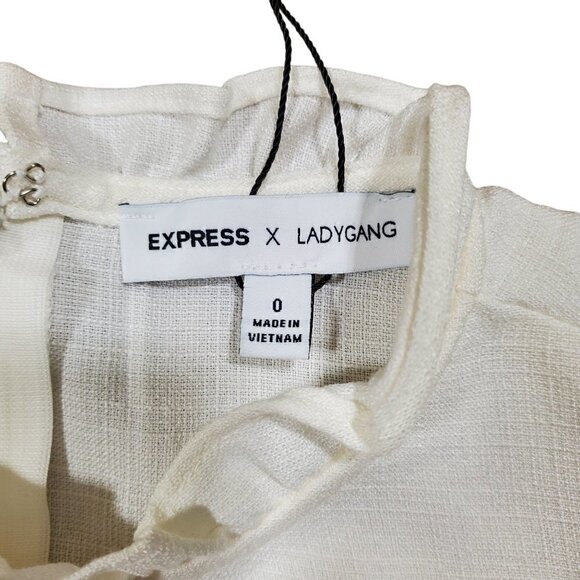Express x LadyGang Ruffle Neck Flutter Sleeve Dress Womens 0 White Chic Feminine - Picture 3 of 7